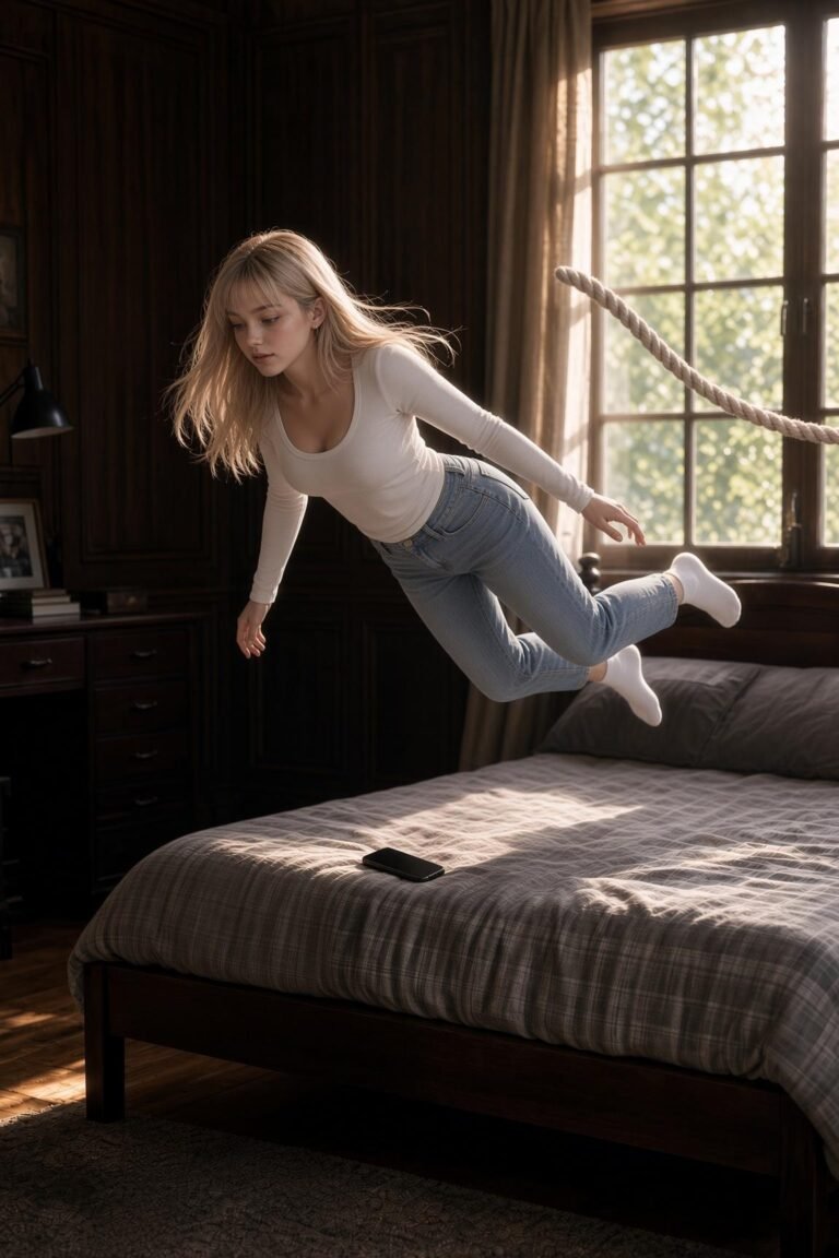 Blonde girl being levitated with telekinesis in her dorm room. Levitating rope coming into frame.